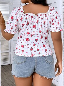 SHEIN Franclia 大碼印花前打結褶邊泡泡袖T恤 - 白色 - 查看 2