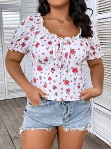 SHEIN Franclia 大碼印花前打結褶邊泡泡袖T恤 - 白色 - 查看 3