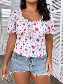 SHEIN Franclia 大碼印花前打結褶邊泡泡袖T恤 - 白色 - 查看 4