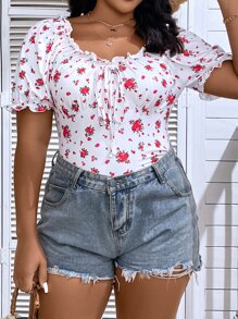 SHEIN Franclia 大碼印花前打結褶邊泡泡袖T恤 - 白色 - 查看 7