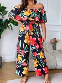 Breezaya Plus Floral Print Off Shoulder Belted Jumpsuit - Multicolor - View 2