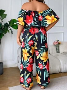 Breezaya Plus Floral Print Off Shoulder Belted Jumpsuit - Multicolor - View 3