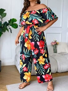 Breezaya Plus Floral Print Off Shoulder Belted Jumpsuit - Multicolor - View 4