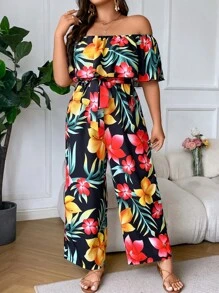 Breezaya Plus Floral Print Off Shoulder Belted Jumpsuit - Multicolor - View 5