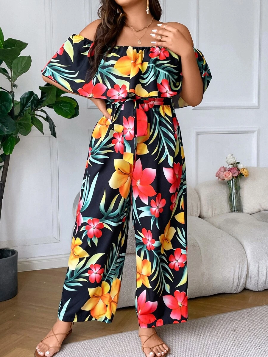 Breezaya Plus Floral Print Off Shoulder Belted Jumpsuit - Multicolor - View 1