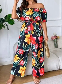 Breezaya Plus Floral Print Off Shoulder Belted Jumpsuit - Multicolor - View 6