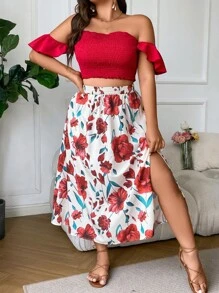 SHEIN Clasi 大碼一字肩短款上衣和印花高衩半身裙 - 紅白色 - 查看 2