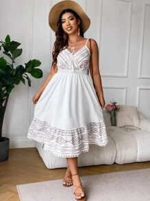 SHEIN Clasi 大碼幾何印花流蘇前繫帶吊帶連衣裙 - 白色 - 查看 6