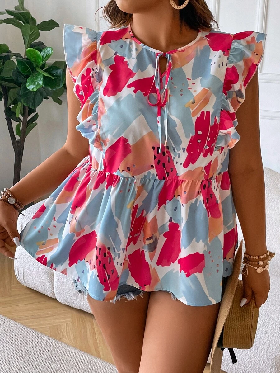 SHEIN Clasi 大碼滿版印花繫帶領荷葉邊荷葉邊下擺襯衫 - 彩色 - 查看 1