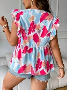 SHEIN Clasi 大碼滿版印花繫帶領荷葉邊荷葉邊下擺襯衫 - 彩色 - 查看 2