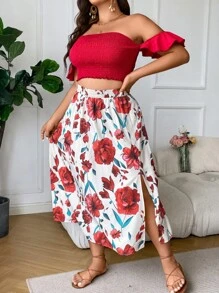 SHEIN Clasi 大碼一字肩短款上衣和印花高衩半身裙 - 紅白色 - 查看 6