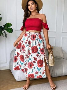 SHEIN Clasi 大碼一字肩短款上衣和印花高衩半身裙 - 紅白色 - 查看 7