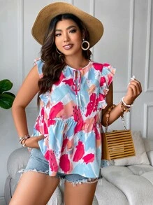 SHEIN Clasi 大碼滿版印花繫帶領荷葉邊荷葉邊下擺襯衫 - 彩色 - 查看 5
