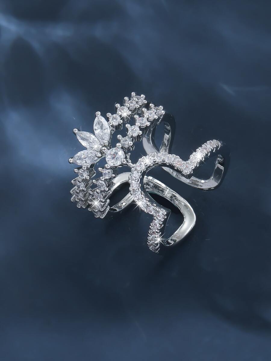 Rhinestone Decor Cuff Ring - Silver - View 1