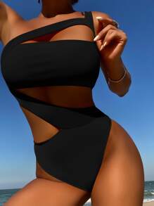 SHEIN Swim Cut Out One Shoulder One Piece Swimsuit Summer - Black - View 1