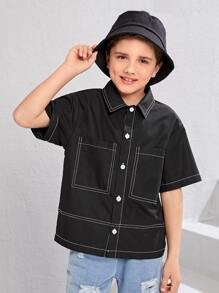 SHEIN Áo sơ mi Trai Túi Nút phía trước màu trơn Giải trí - màu đen - Xem 1