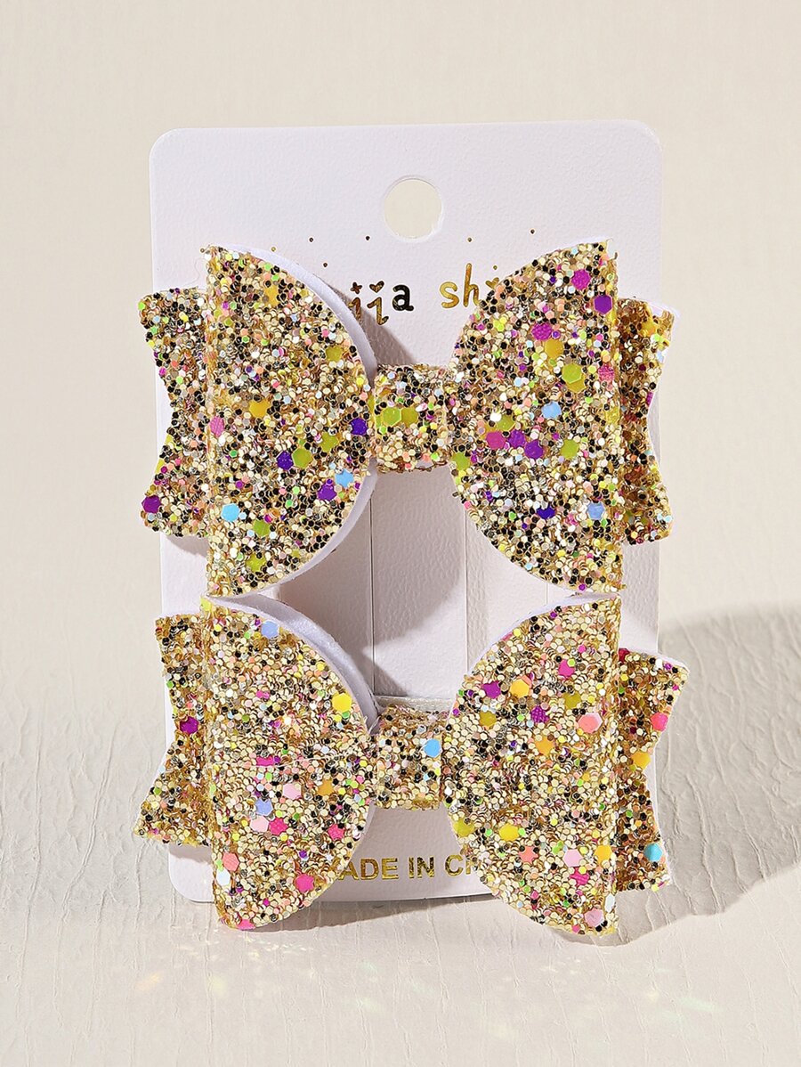 2入組小女童亮片蝴蝶結裝飾髮夾 - 金色 - 查看 1