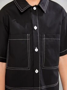 SHEIN Áo sơ mi Trai Túi Nút phía trước màu trơn Giải trí - màu đen - Xem 4