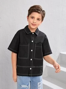 SHEIN Áo sơ mi Trai Túi Nút phía trước màu trơn Giải trí - màu đen - Xem 5