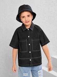 SHEIN Áo sơ mi Trai Túi Nút phía trước màu trơn Giải trí - màu đen - Xem 6