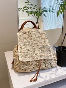 Drawstring Design Flap Straw Bag,Perfect For Summer Beach Travel Vacation - Beige - View 1