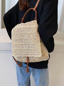 Drawstring Design Flap Straw Bag,Perfect For Summer Beach Travel Vacation - Beige - View 2