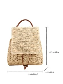 Drawstring Design Flap Straw Bag,Perfect For Summer Beach Travel Vacation - Beige - View 3