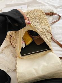 Drawstring Design Flap Straw Bag,Perfect For Summer Beach Travel Vacation - Beige - View 4
