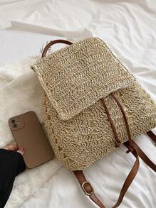 Drawstring Design Flap Straw Bag,Perfect For Summer Beach Travel Vacation - Beige - View 5