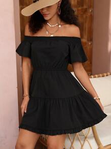 SHEIN VCAY 一字肩荷葉邊連衣裙