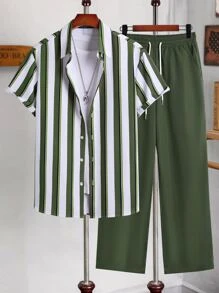 Manfinity Homme Men Striped Print Shirt & Drawstring Waist Trousers Without Tee - Multicolor - View 1