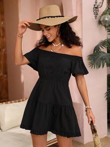 SHEIN VCAY 一字肩荷葉邊連衣裙