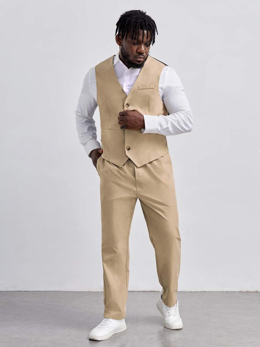 EASEVO Men Button Front Vest Blazer & Suit Trousers Without Shirt - Apricot - View 1
