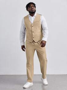EASEVO Men Button Front Vest Blazer & Suit Trousers Without Shirt - Apricot - View 3