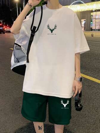 Guys Deer & Slogan Graphic Drop Shoulder Tee & Shorts