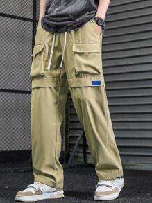 Manfinity Men Drawstring Waist Flap Pocket Cargo Trousers - Khaki - View 1