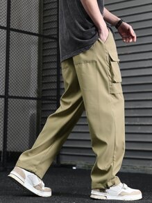 Manfinity Men Drawstring Waist Flap Pocket Cargo Trousers - Khaki - View 2