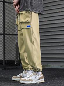 Manfinity Men Drawstring Waist Flap Pocket Cargo Trousers - Khaki - View 4