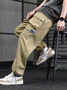 Manfinity Men Drawstring Waist Flap Pocket Cargo Trousers - Khaki - View 5