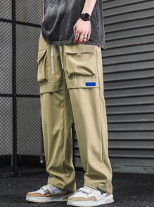 Manfinity Men Drawstring Waist Flap Pocket Cargo Trousers - Khaki - View 6