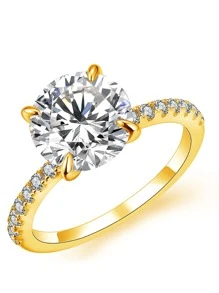 人造寶石裝飾銀質婚戒訂婚新娘珠寶 - 金黃色 - 查看 1