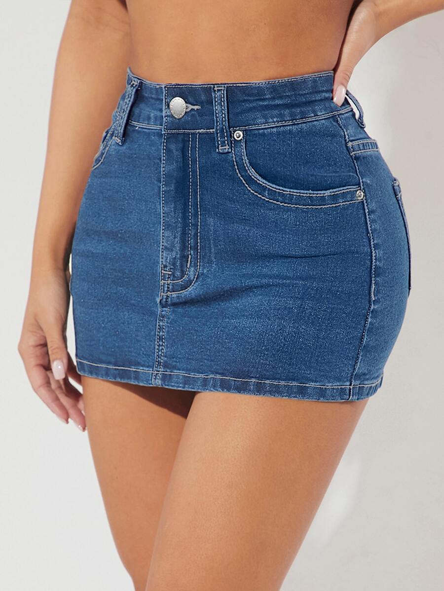 SHEIN PETITE High Waist Bodycon Denim Skirt - Medium Wash - View 1