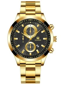 1男士圓形指針日期石英手錶和1入組男士簡約手鍊 - 金色 - 查看 2