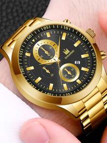 1男士圓形指針日期石英手錶和1入組男士簡約手鍊 - 金色 - 查看 5