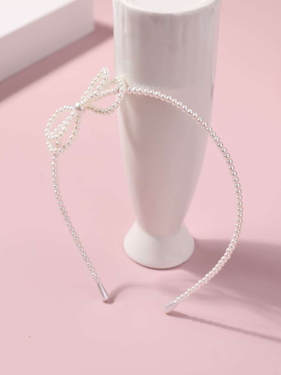 1件珍珠蝴蝶结发箍，简约少女风头饰，简单百搭 - 白色 - 查看 1