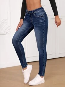 SHEIN Essnce 超低腰緊身牛仔褲 - 深色水洗藍 - 查看 1