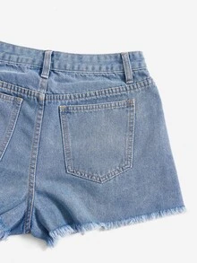 Ripped Raw Hem Denim Shorts - Light Wash - View 5