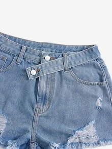 Ripped Raw Hem Denim Shorts - Light Wash - View 4