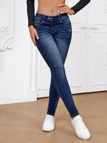 SHEIN Essnce 超低腰緊身牛仔褲 - 深色水洗藍 - 查看 5