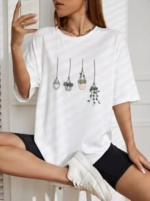 SHEIN EZwear Plants Print Drop Shoulder Tee - White - View 1
